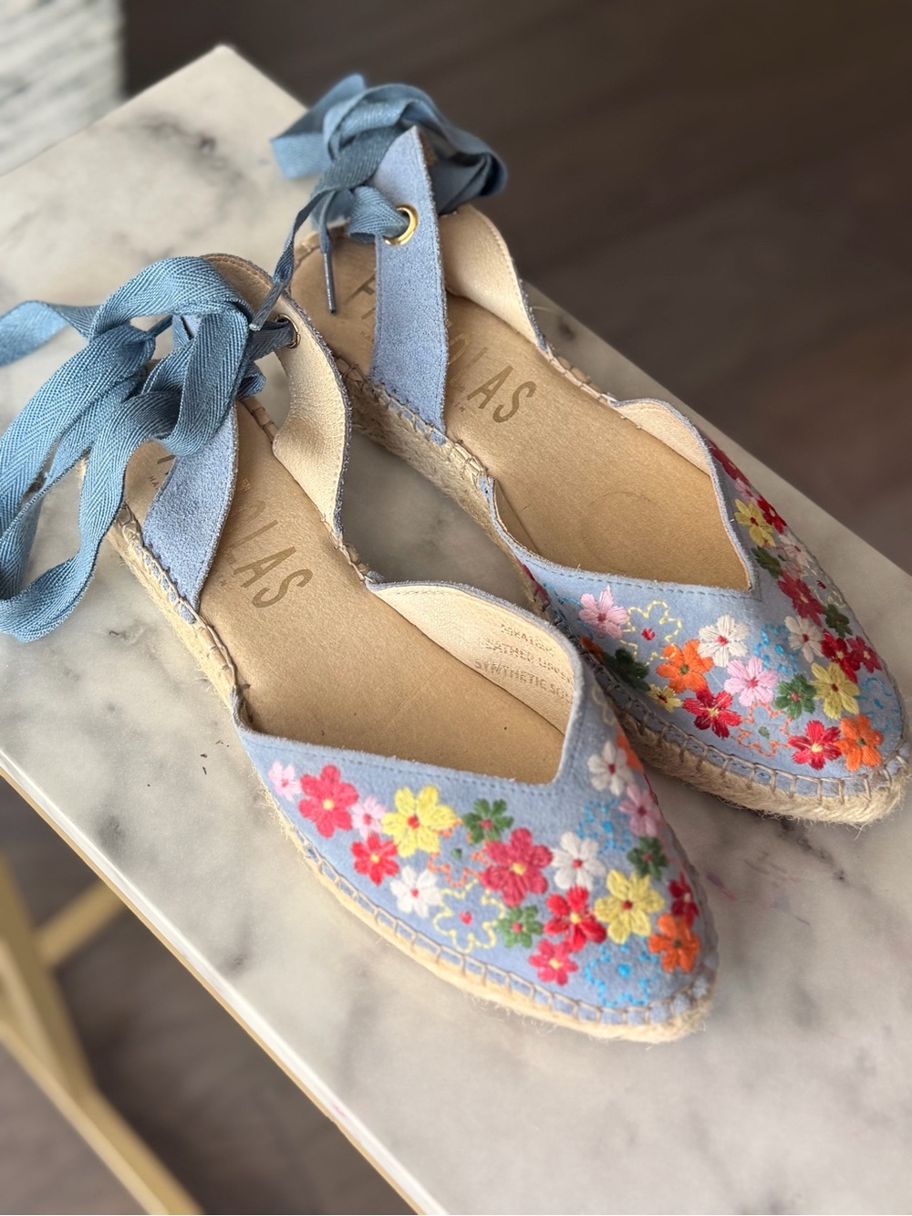 Fabiolas Blue Floral Embroidered Espadrille Tie-Wandal - Light Blue